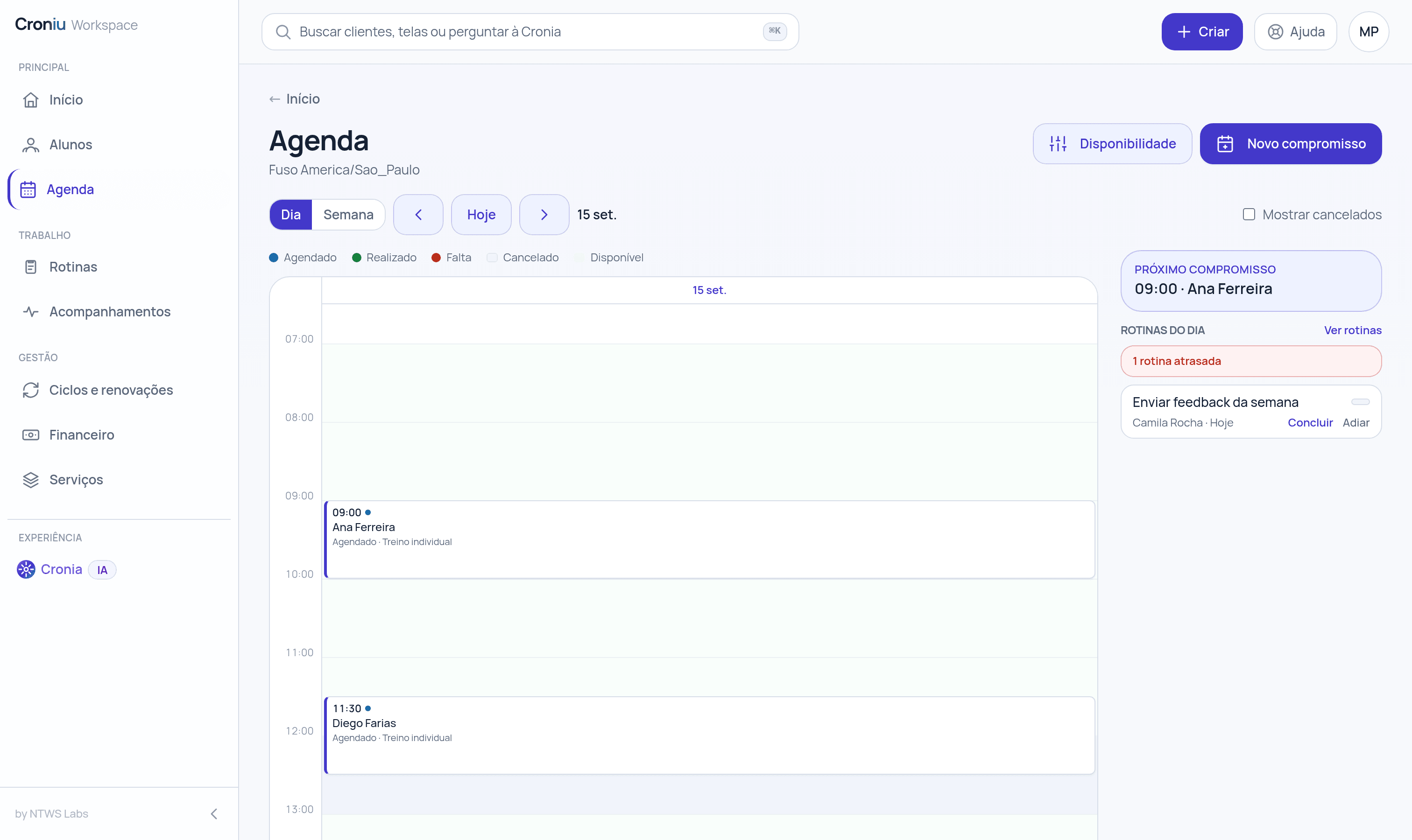 Agenda do dia no Croniu, com os atendimentos posicionados na grade de horários, rotinas do dia e próximo compromisso