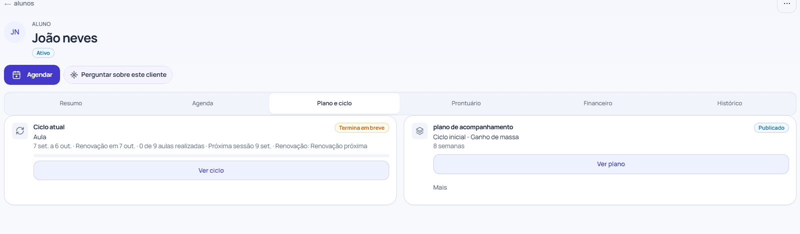 Tela do profissional com o ciclo atual e o plano de acompanhamento de um cliente, com status de renovação