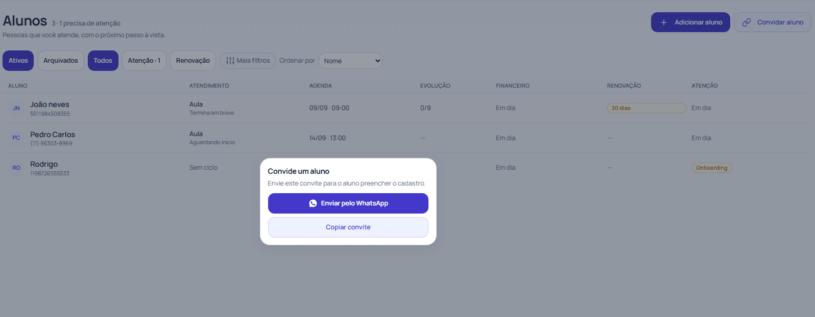 Modal de convite de cliente do Croniu, com opção de enviar pelo WhatsApp ou copiar o link
