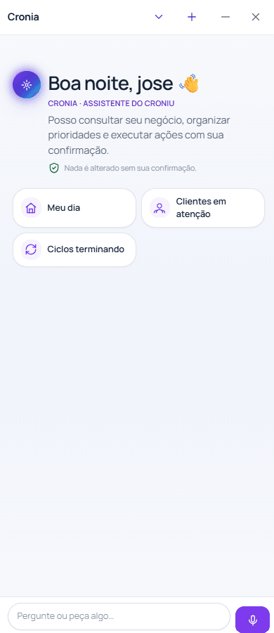 Tela da Cronia, assistente do Croniu, aberta no celular com sugestões de perguntas