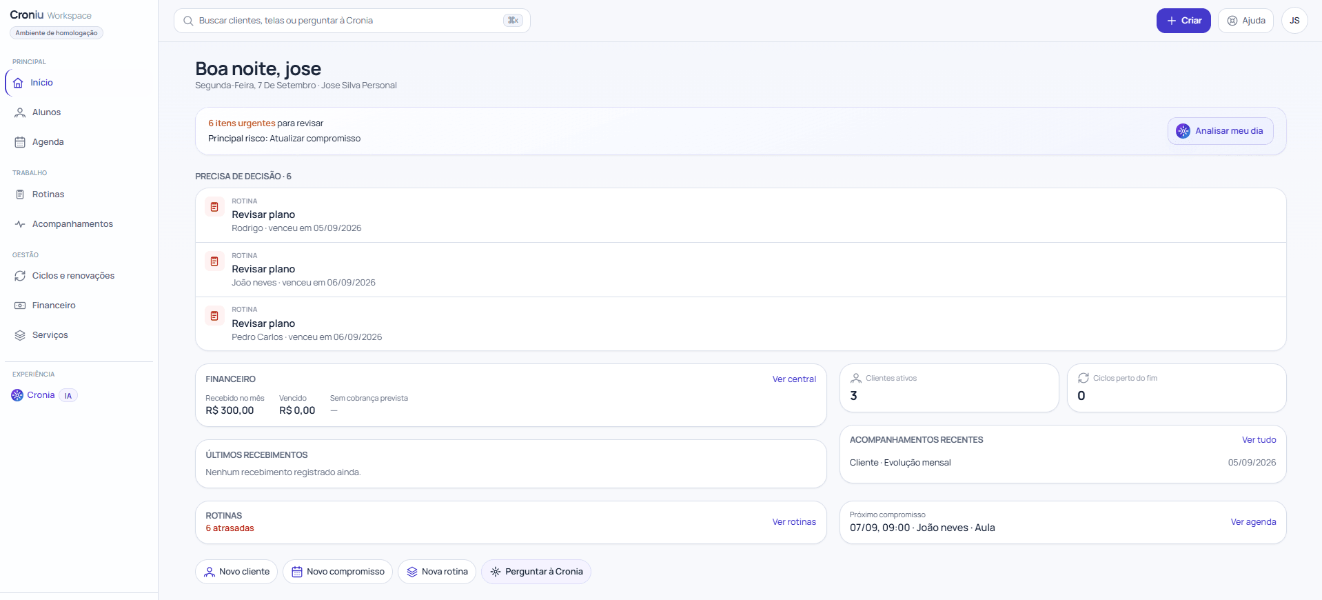 Tela inicial do Croniu no computador, com os itens do dia, financeiro e próximos compromissos