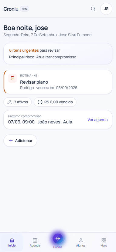 Tela inicial do Croniu no celular, com o mesmo resumo do dia em versão compacta